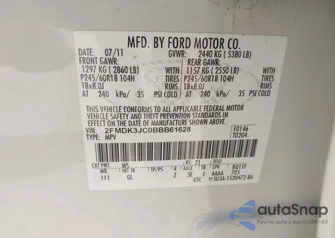 2011 Ford Edge Sel из США, поврежденный, VIN 2FMDK3JC0BBB61628